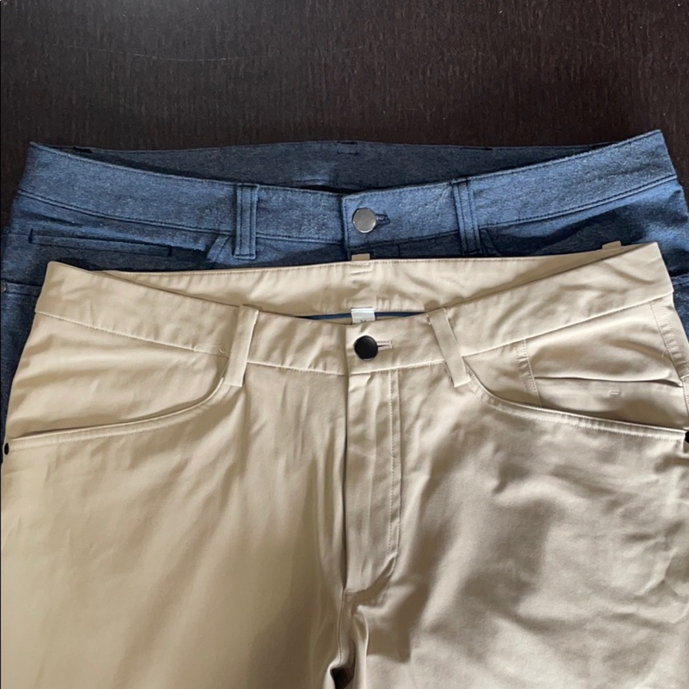 Two Lululemon ABC pants: khaki and blue canvas